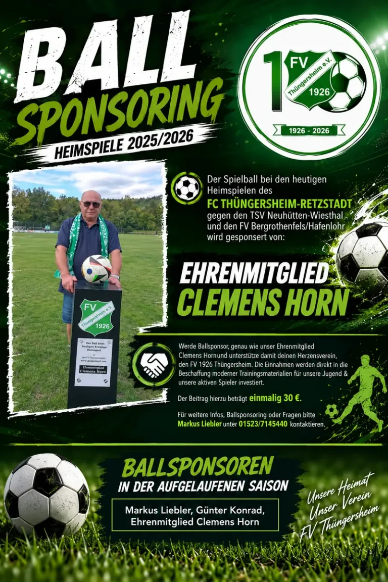 Ballsponsoring-Plakat: Ehrenmitglied Clemens Horn mit dem gesponserten Spielball auf dem Sockel