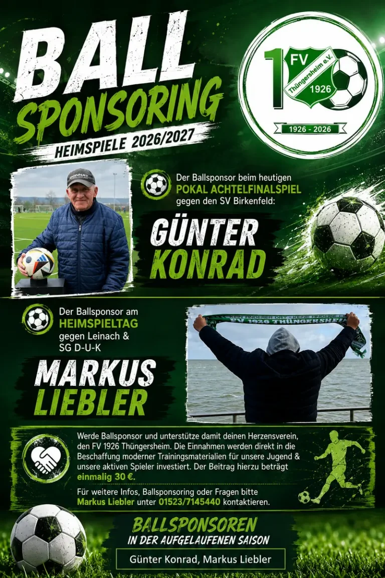 Ballsponsoring-Plakat: Günter Konrad, Ballsponsor beim Pokal-Achtelfinale gegen den SV Birkenfeld, und Markus Liebler, Ballsponsor am Heimspieltag gegen Leinach und SG D-U-K